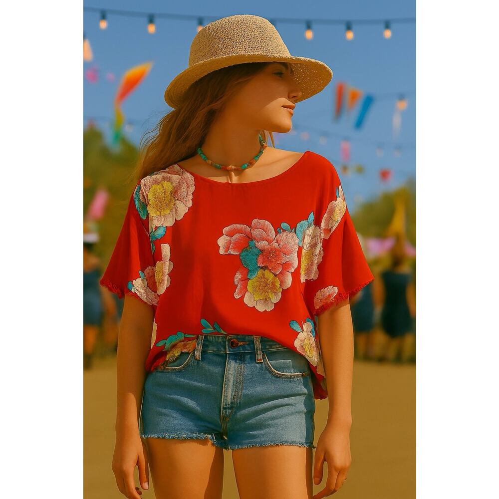 Johnny Was Passion Flower Eloise Top Small Red Embroidered Sheer Oversized Boho